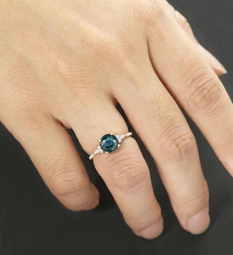 7mm Round Cut Teal Sapphire Ring Vintage Rose Gold Engagement Ring Marquise Cut Moissanite Ring Promise Diamond Wedding Ring Unique Half Eternity Anniversary Ring