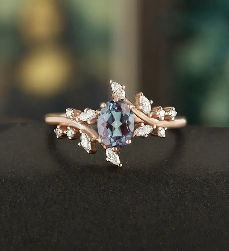 6×8MM Oval Alexandrite Ring Solid Gild  Engagement Ring Nature Inspired Anniversary Bridal Ring Vintage Wedding Ring For Her