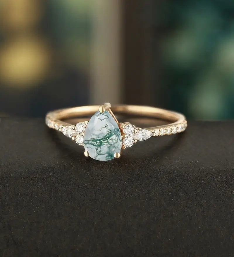 Pear Moss Agate Ring Vintage Rose Gold Engagement Ring Marquise Cut Moissanite Diamond Ring Wedding Ring Half Eternity Anniversary Ring
