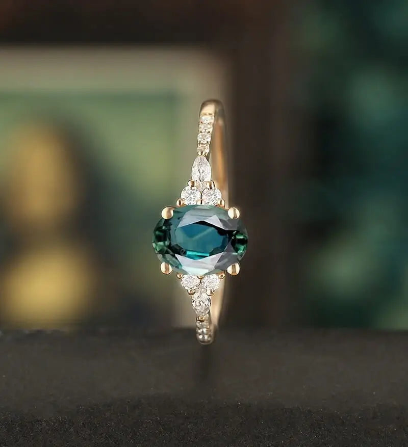 Oval Cut Teal Sapphire Engagement Ring Rose Gold Vintage Marquise Cut Moissanite Ring Unique Diamond Wedding Ring Half Eternity Promise Anniversary Bridal Ring