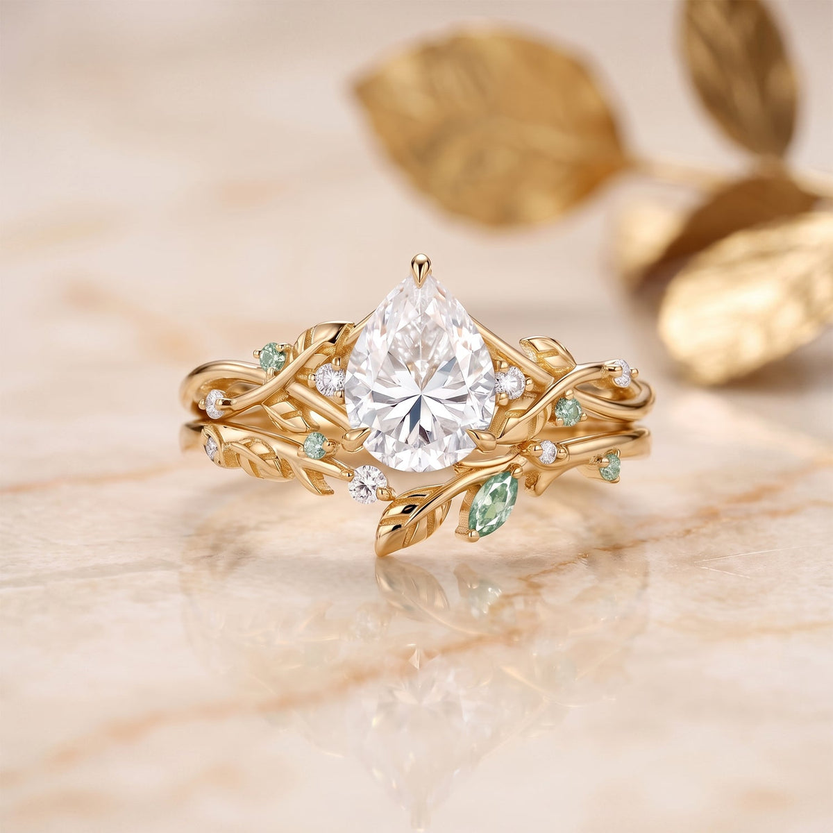 Luminous Reverie - Pear Cut Moissanite Leaf Vintage Engagement Ring Sets - Luna