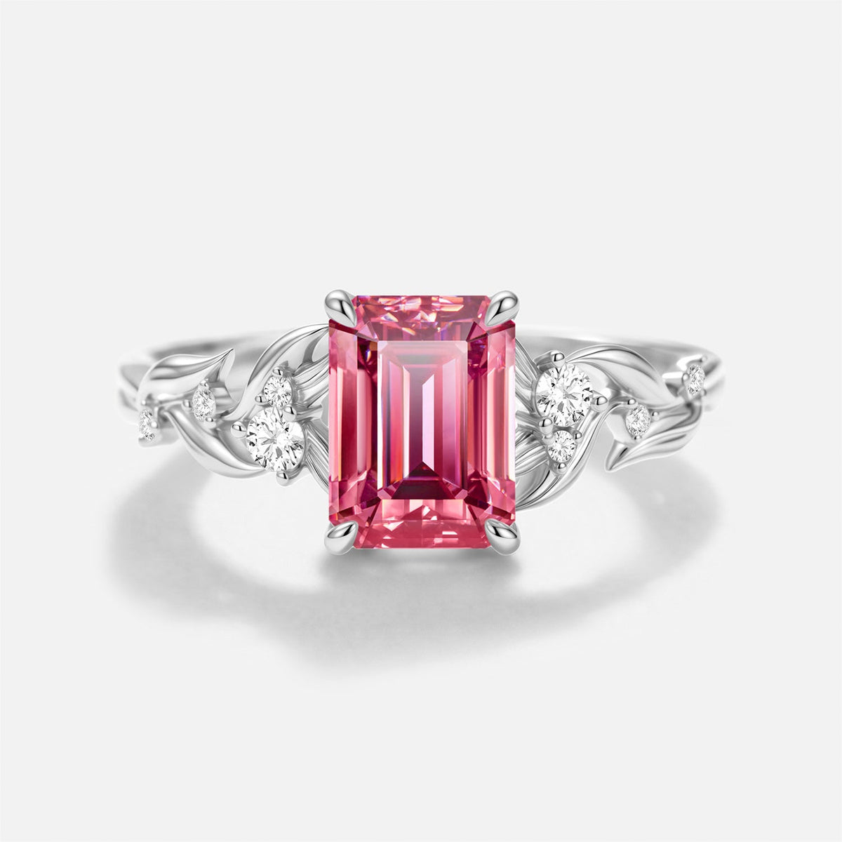 Luminous Reverie - Emerald Cut Pink Moissanite Leaf Vintage Engagement Ring - Ivy