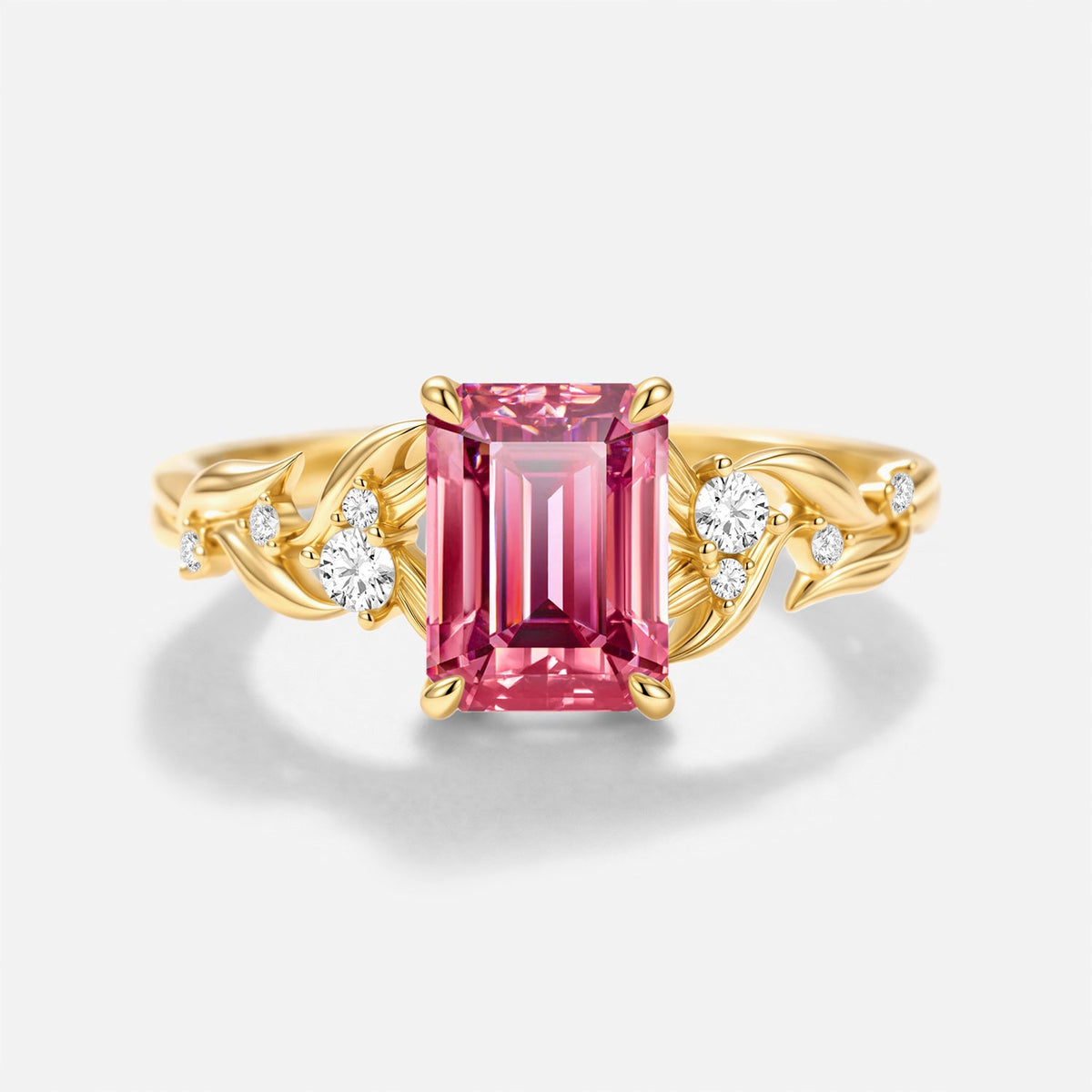 Luminous Reverie - Emerald Cut Pink Moissanite Leaf Vintage Engagement Ring - Ivy