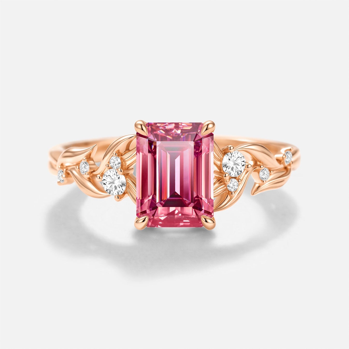 Luminous Reverie - Emerald Cut Pink Moissanite Leaf Vintage Engagement Ring - Ivy