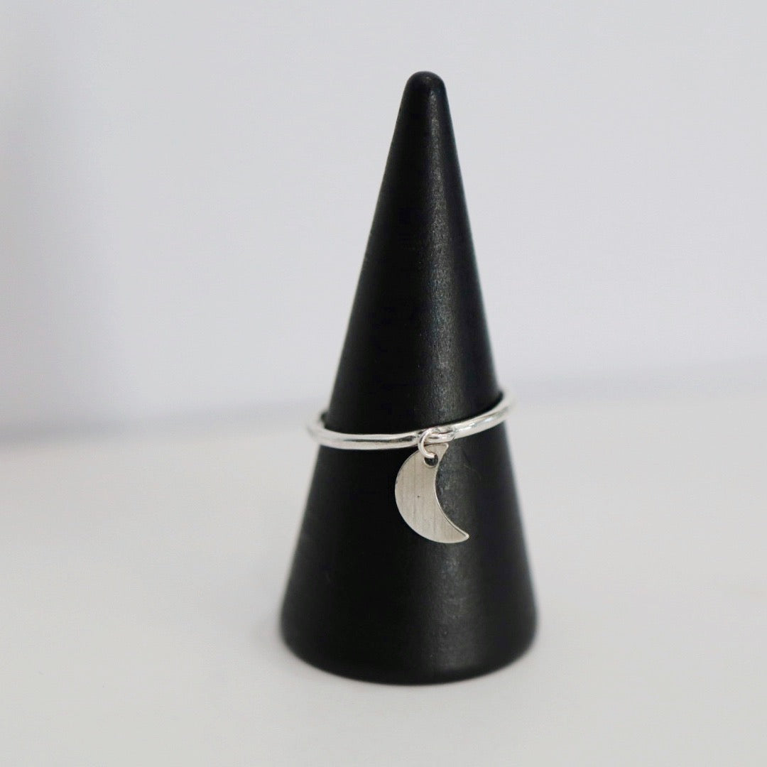 Sterling Silver Moon Charm Ring - Celestial Dangle Stacking Ring