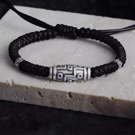 Fortune Jewel 999 Sterling Silver Nine-Eye Dzi Bead Pattern Blessing Rope Bracelet