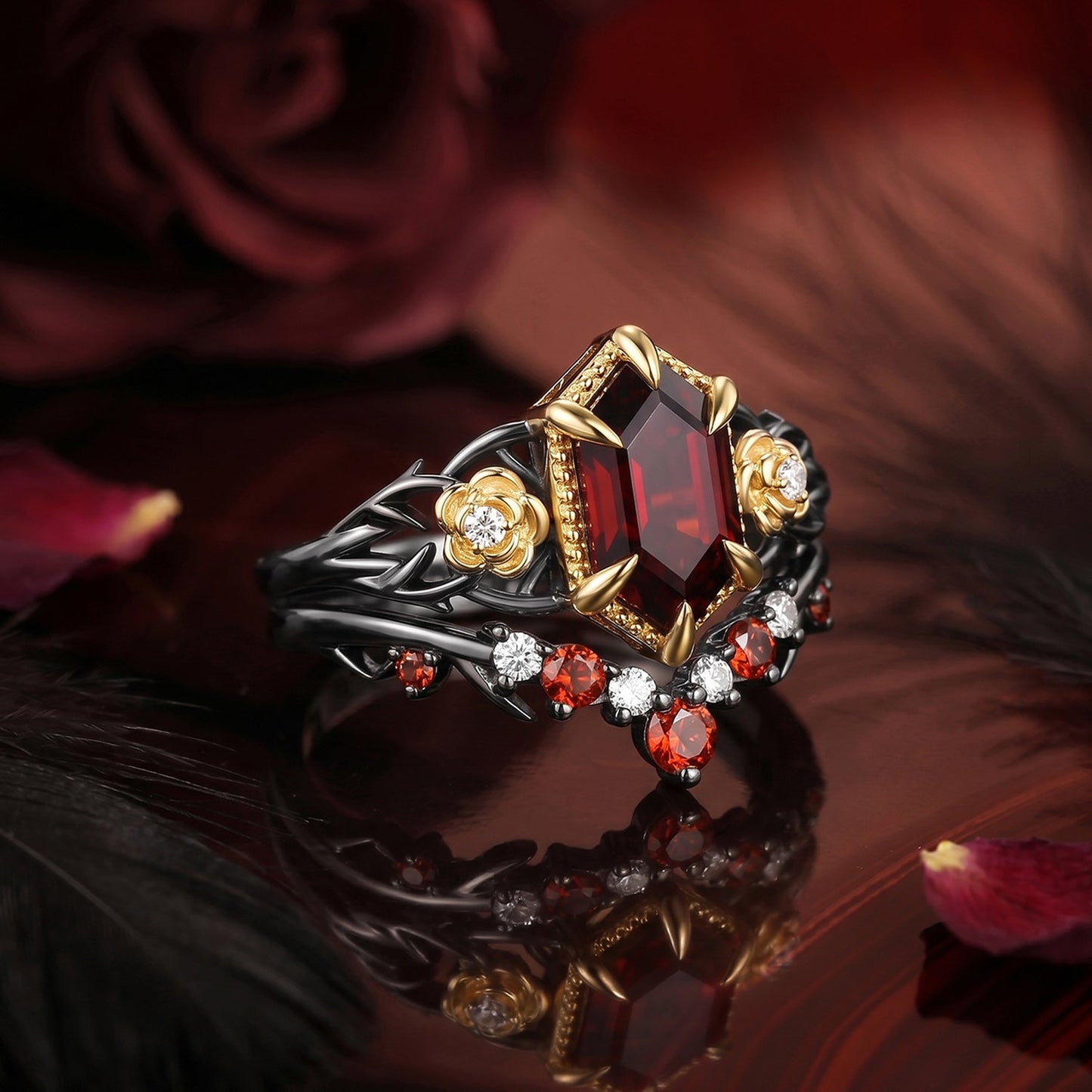 Nature Inspired Long Hexagon Garnet 'Thorns & Roses' Two-Tone Engagement Ring Set 2pcs