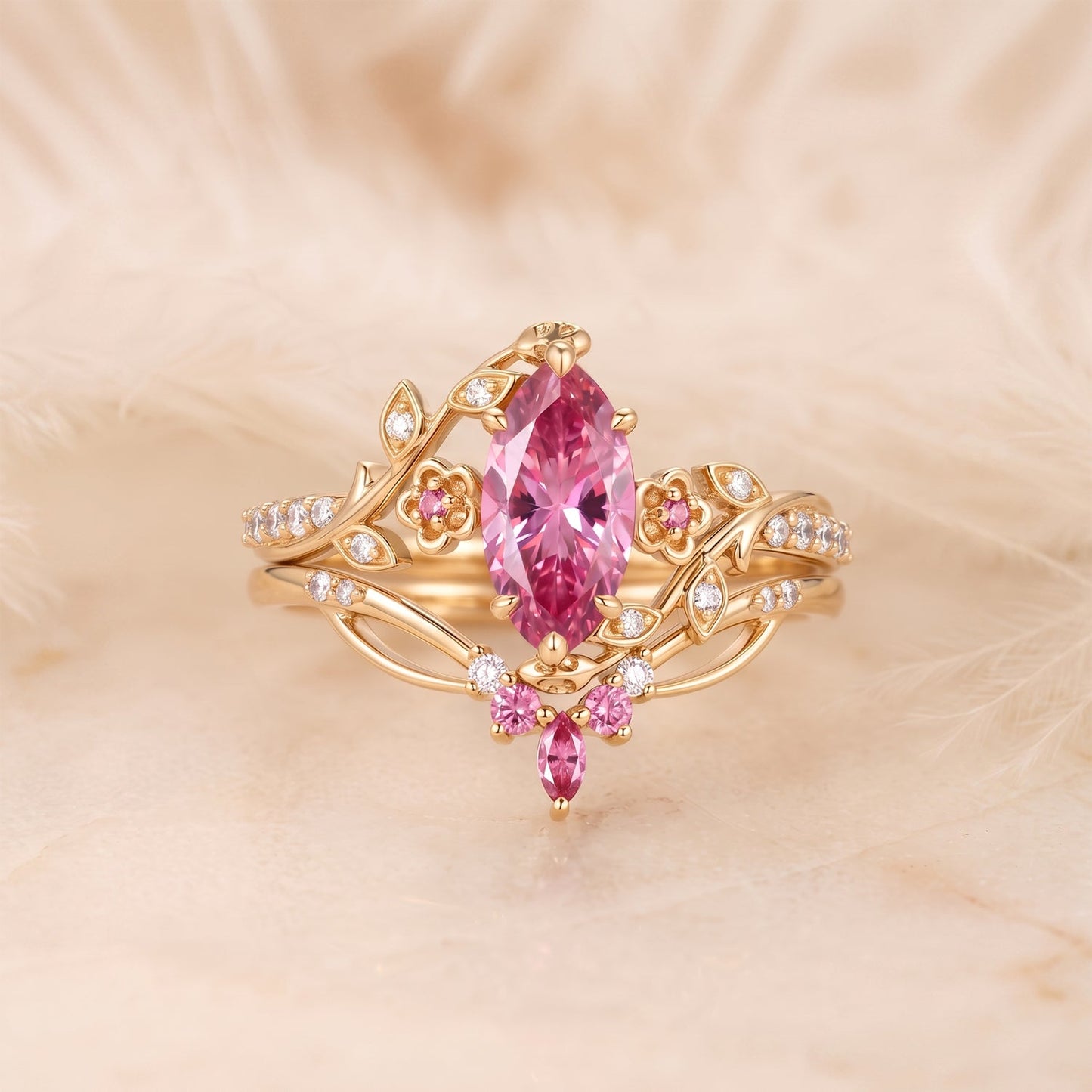 Luminous Reverie - Marquise Pink Moissanite Floral Vintage Engagement Ring Sets - Zane