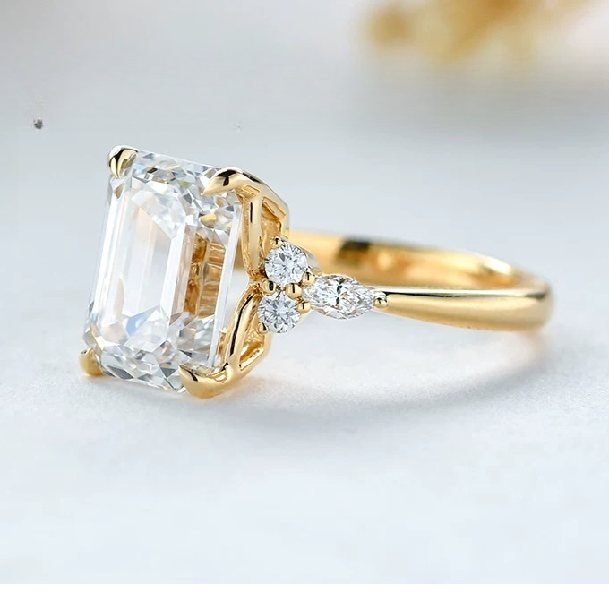 Daity Emerald Cut Three Stone Sterling Silver Bridal Set