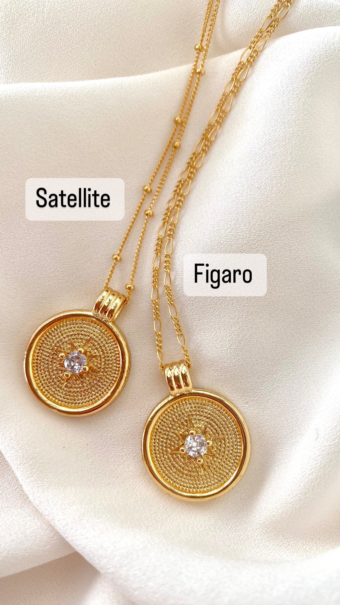 Gold Coin Necklace with CZ Crystal Charm Gold Filled Medallion Necklace Dainty Paperclip Figaro Chain Minimalist Layering Necklace Gift Idea