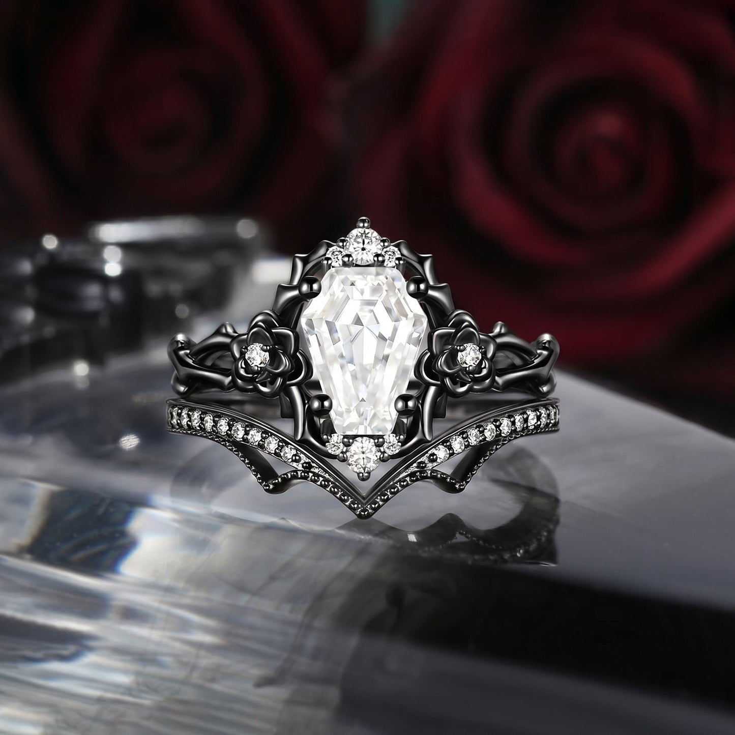 Garden Of Eden Nature Inspired ‘Thorns & Roses’ Gothic Coffin Cut Moissanite Black Gold Engagement Ring Set 2pcs