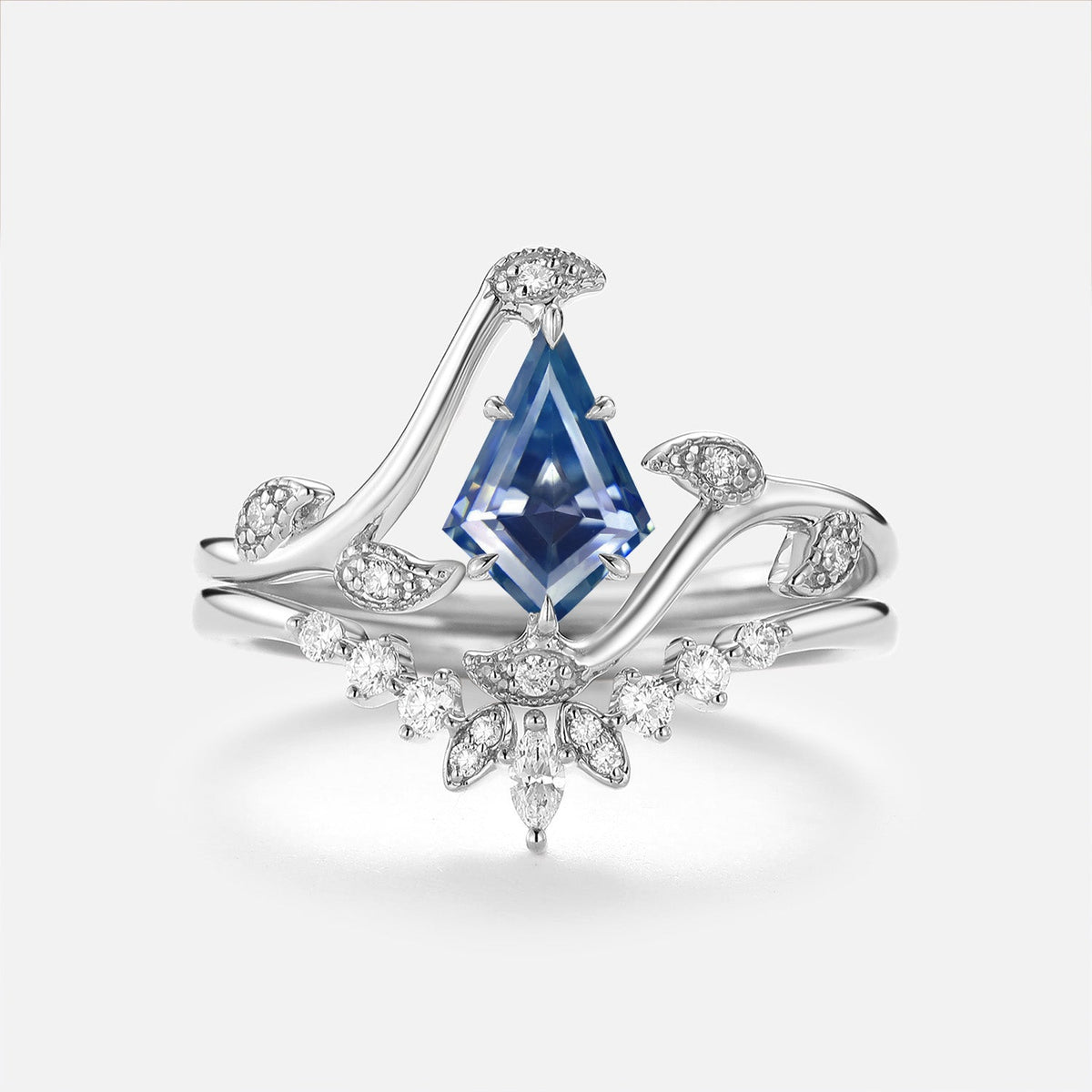Luminous Reverie - Unique Kite Cut Blue Moissanite Classic Engagement Ring Set 2pcs - Hazel