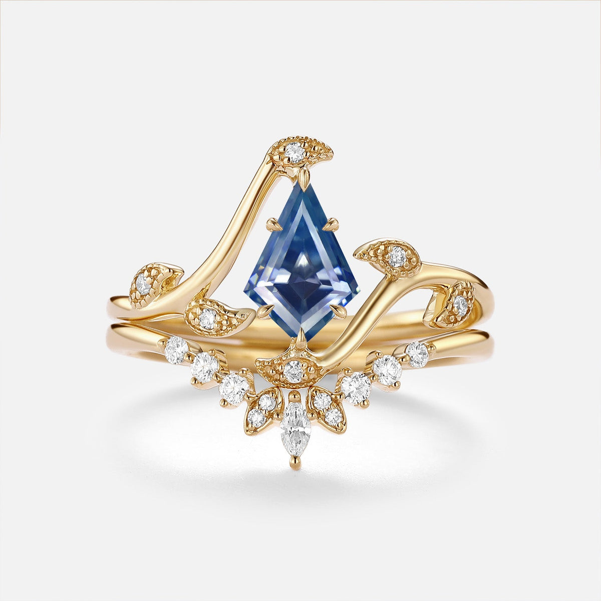 Luminous Reverie - Unique Kite Cut Blue Moissanite Classic Engagement Ring Set 2pcs - Hazel