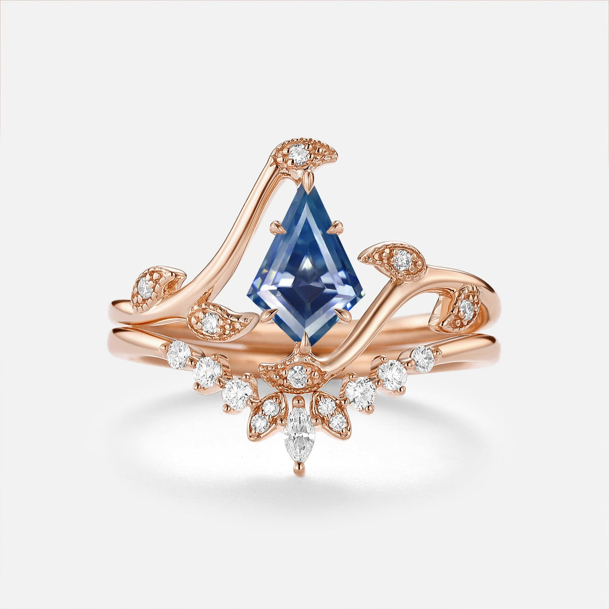 Luminous Reverie - Unique Kite Cut Blue Moissanite Classic Engagement Ring Set 2pcs - Hazel