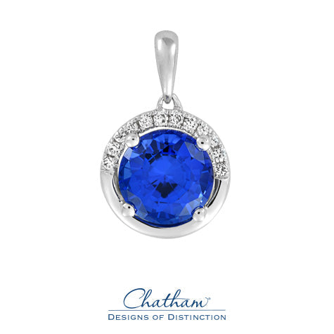 14KW Chatham Round Lab-Grown Blue Sapphire and Diamond Pendant