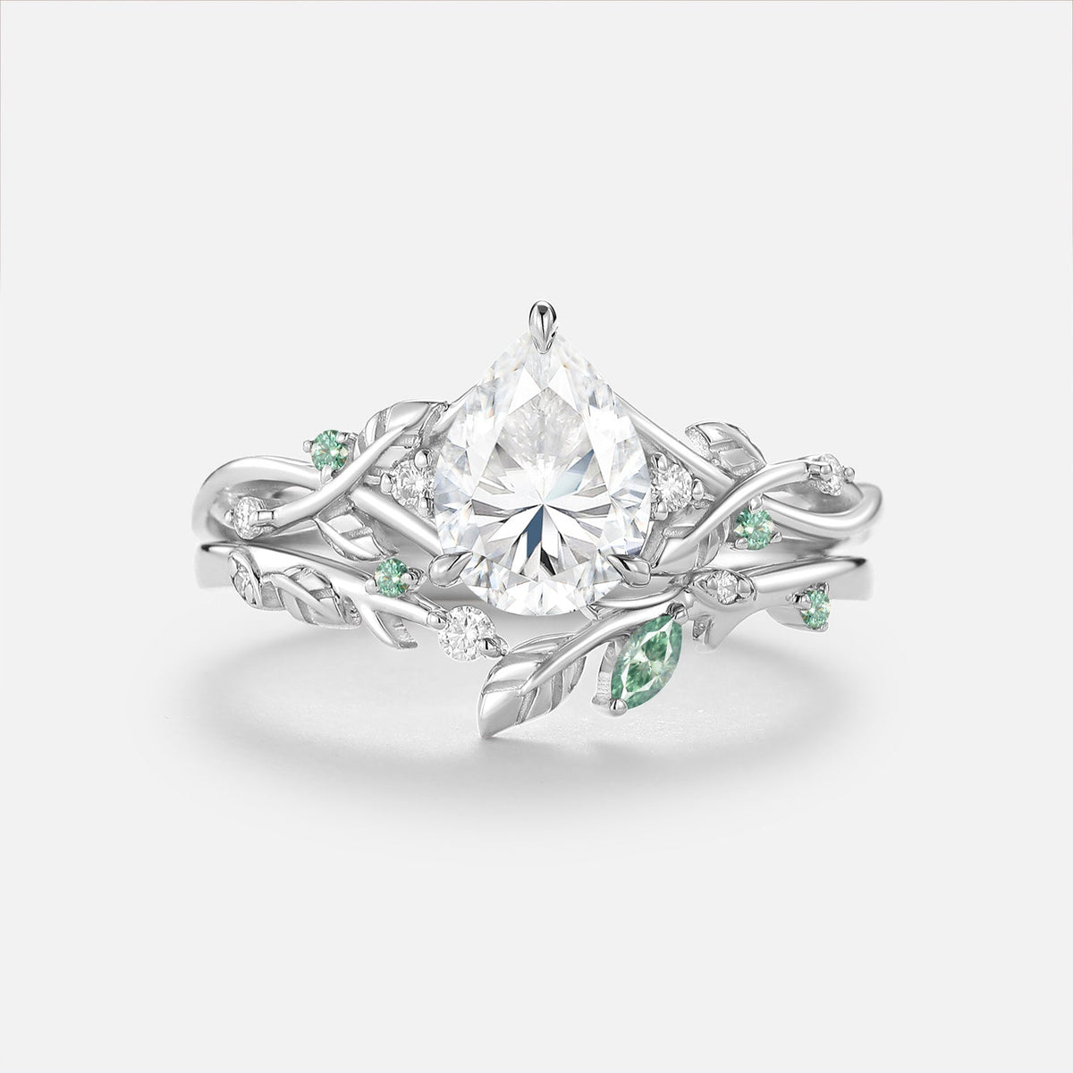 Luminous Reverie - Pear Cut Moissanite Leaf Vintage Engagement Ring Sets - Luna