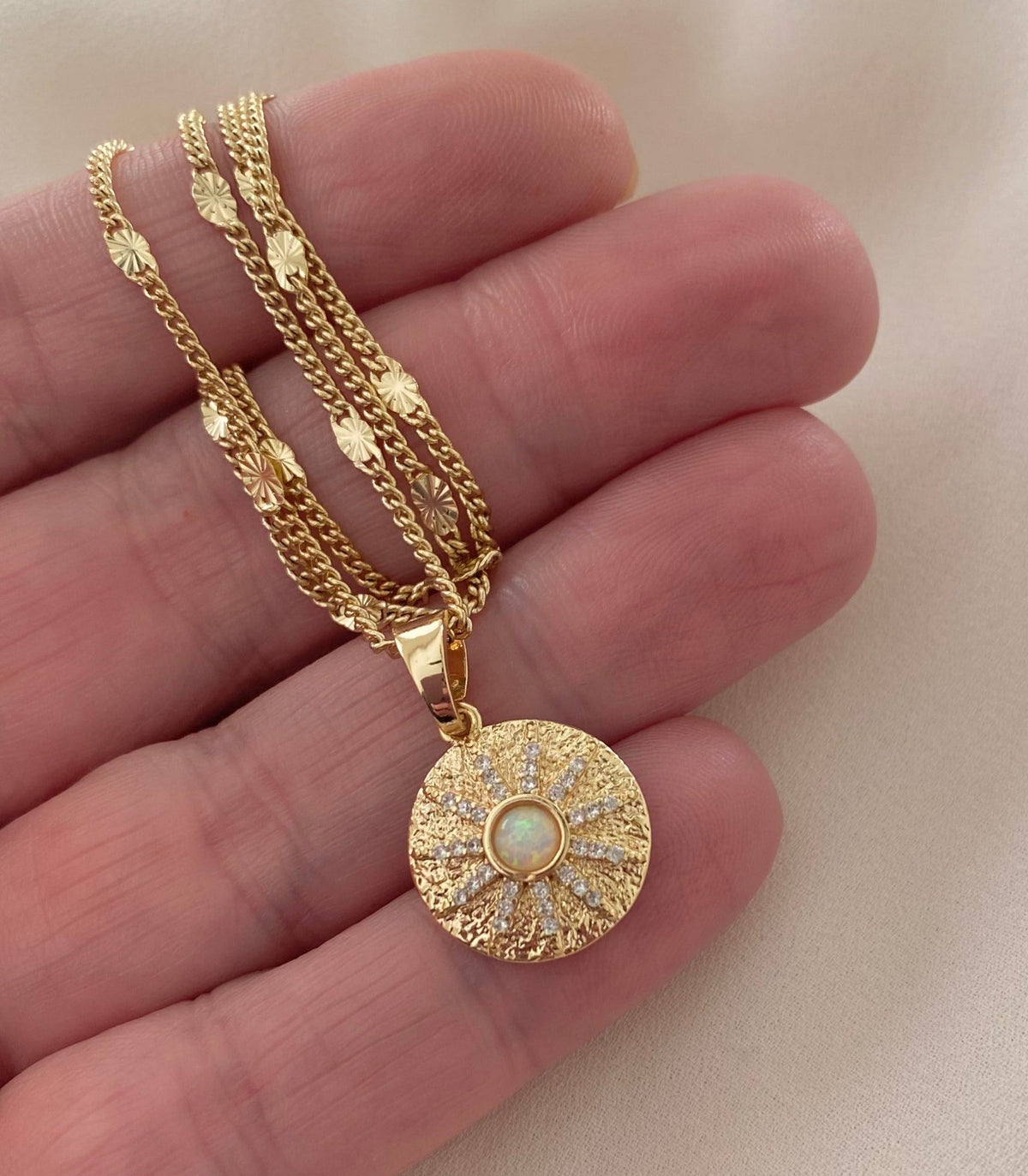 Opal Necklace Opal Coin Pendant Necklace October Birthstone Gold Filled Genuine Opal Charm Crystal Medallion Necklace Minimalist Jewelry