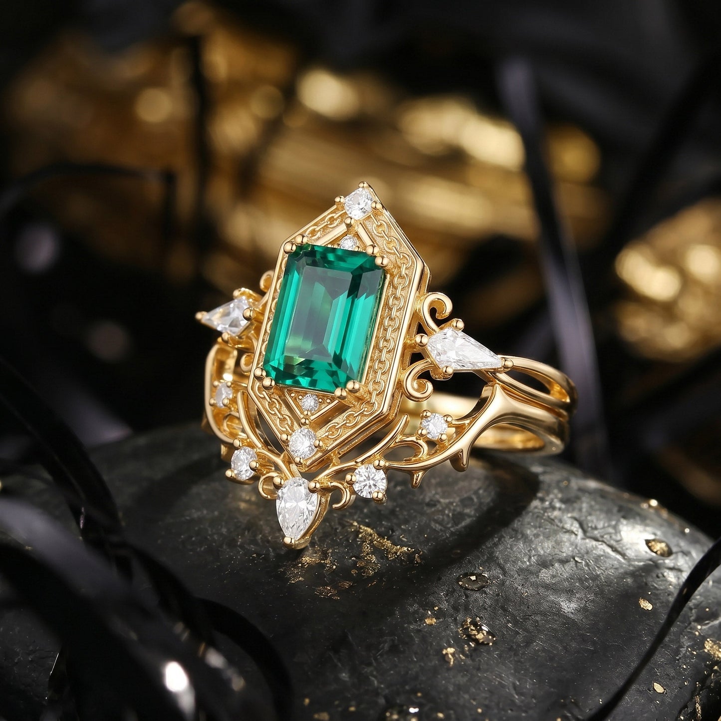 Emerald Cut 'Fallen Aegis' Gothic Engagement Ring Set 2pcs