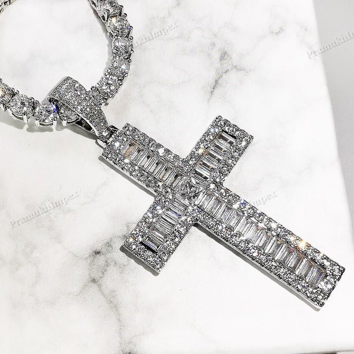 Baguette Diamond Moissanite Sterling Silver Gold Plated Cross Pendant
