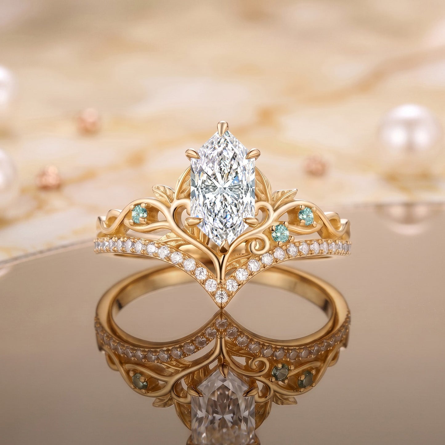 Luminous Reverie - Dutch Marquise Moissanite Leaf Vintage Engagement Ring Sets - Maris