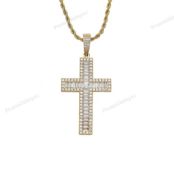 Baguette Diamond Moissanite Sterling Silver Gold Plated Cross Pendant