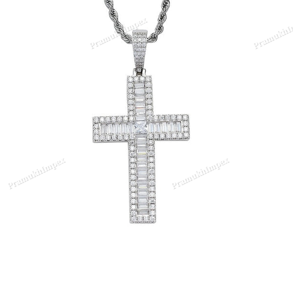 Baguette Diamond Moissanite Sterling Silver Gold Plated Cross Pendant