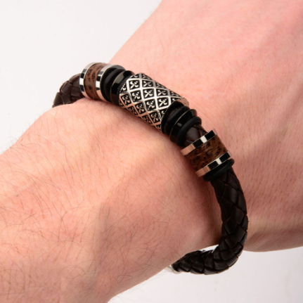 Stainless Steel Fleur De Lis Brown Braided Leather Bracelet