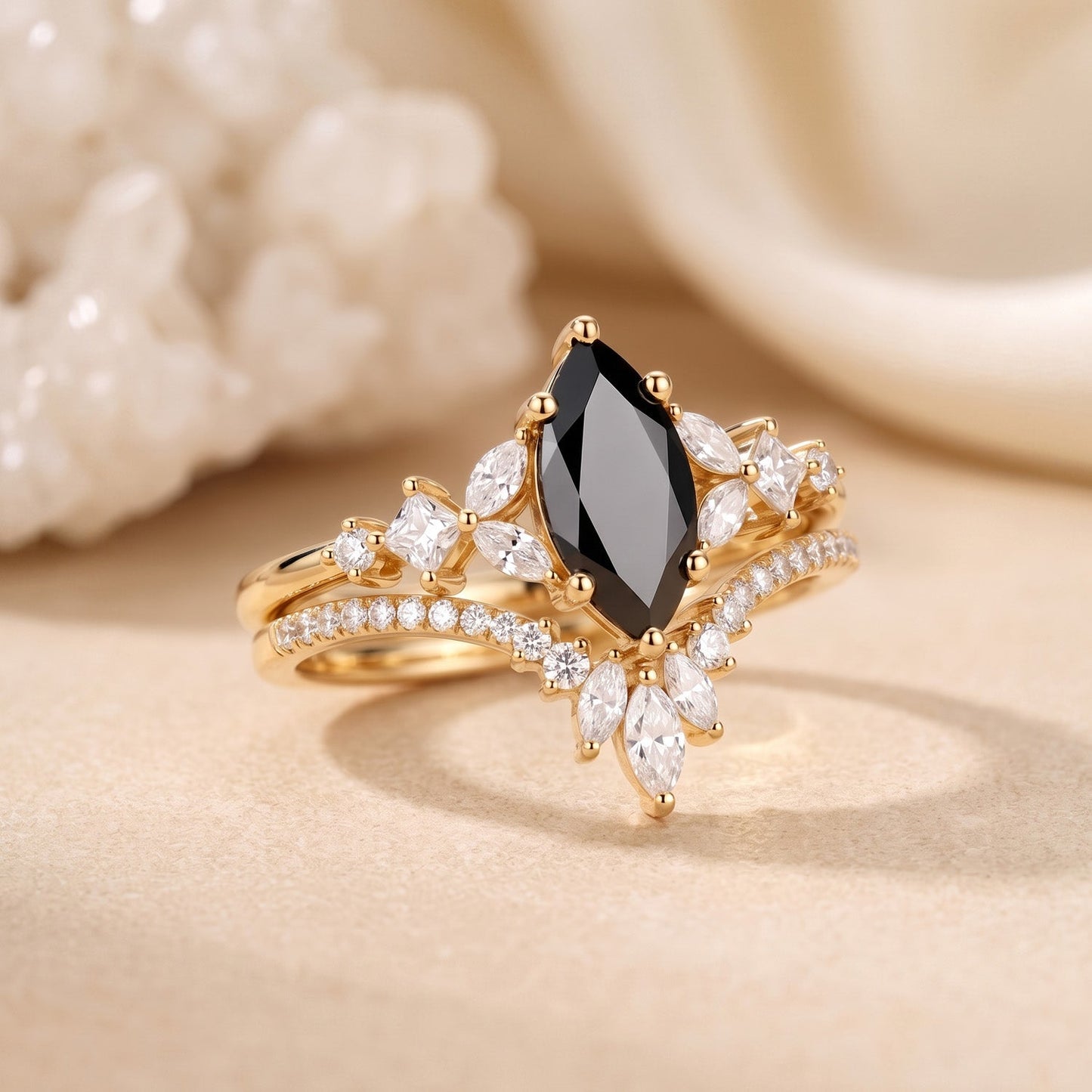 Luminous Reverie - Marquise Black Moissanite Vintage Engagement Ring Sets 2pcs - Renate