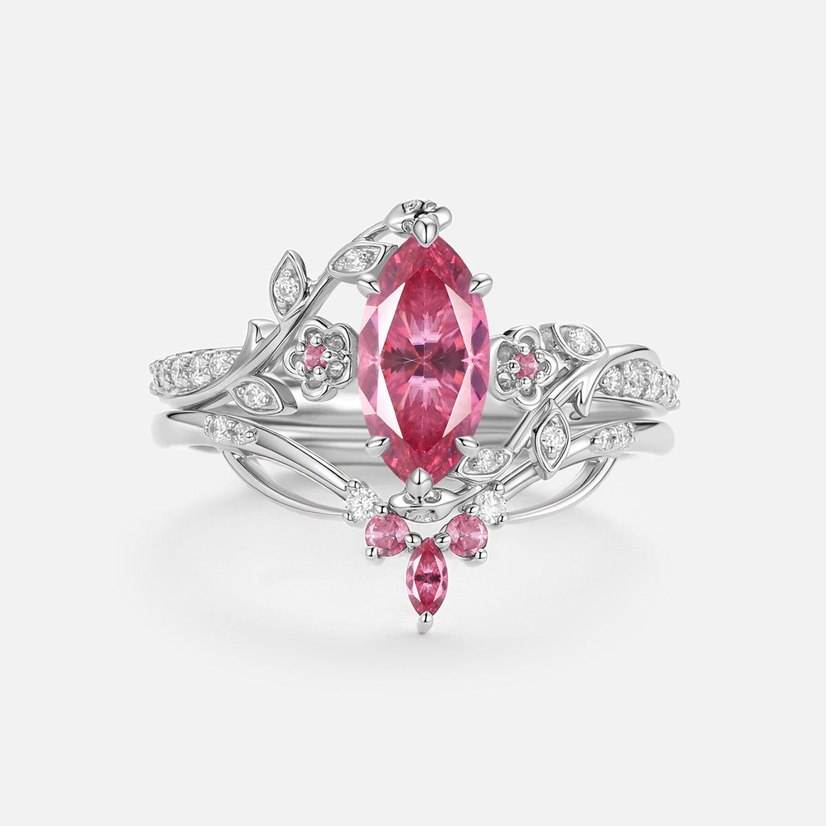 Luminous Reverie - Marquise Pink Moissanite Floral Vintage Engagement Ring Sets - Zane