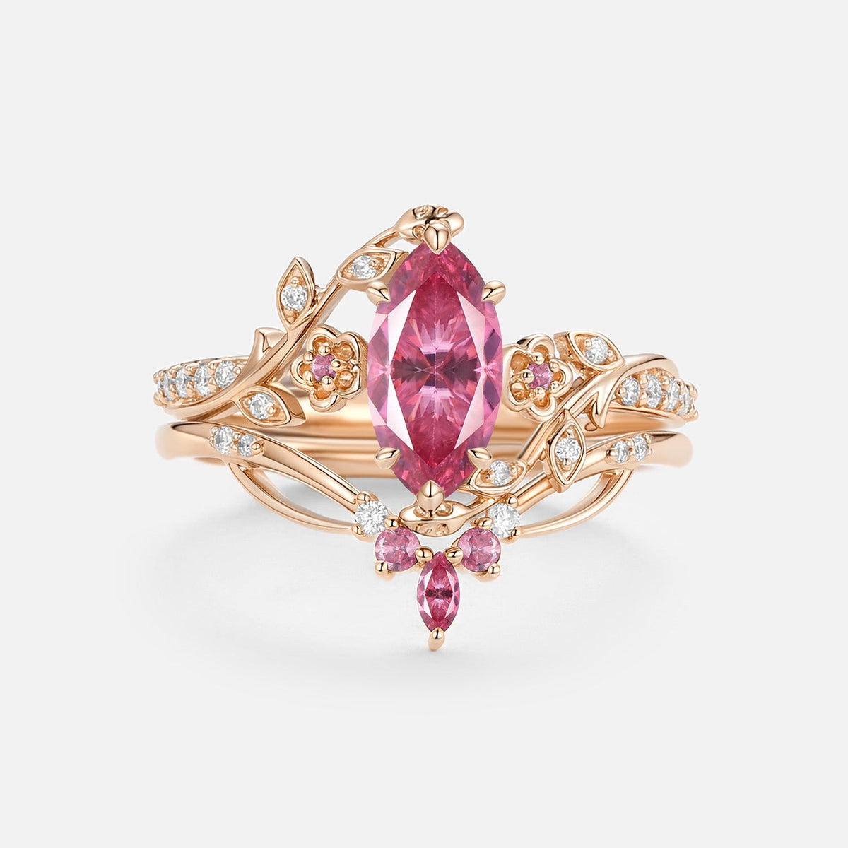 Luminous Reverie - Marquise Pink Moissanite Floral Vintage Engagement Ring Sets - Zane
