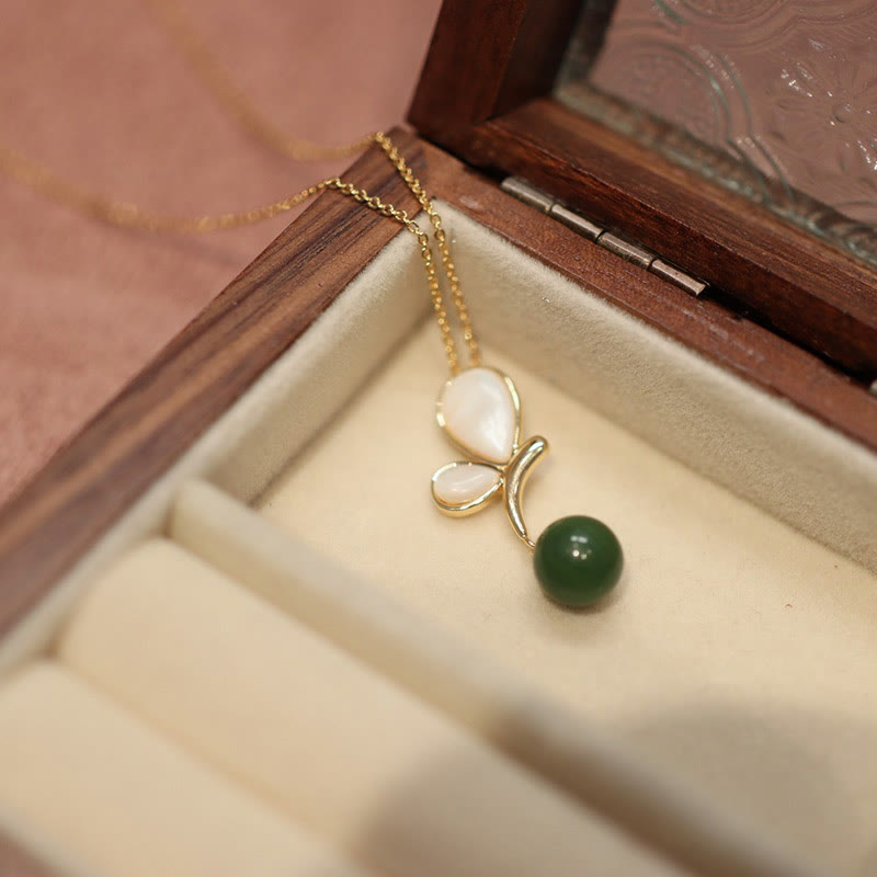 Fortune Jewel Natural Butterfly Tridacna Stone Cyan Jade Copper Plated Gold Calm Necklace Pendant Ring Earrings Set