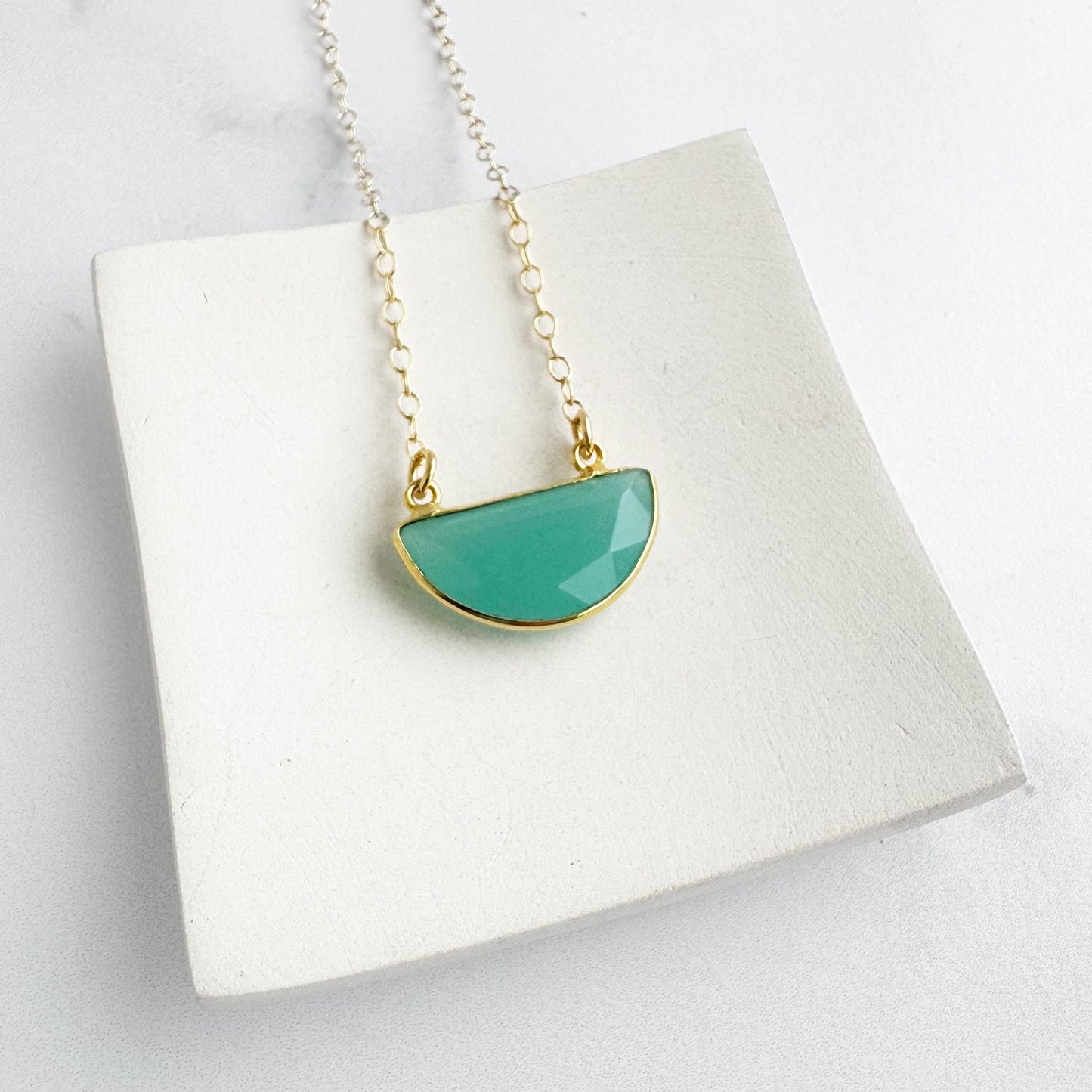 Small Half Moon Crescent Necklace - Aqua Chalcedony