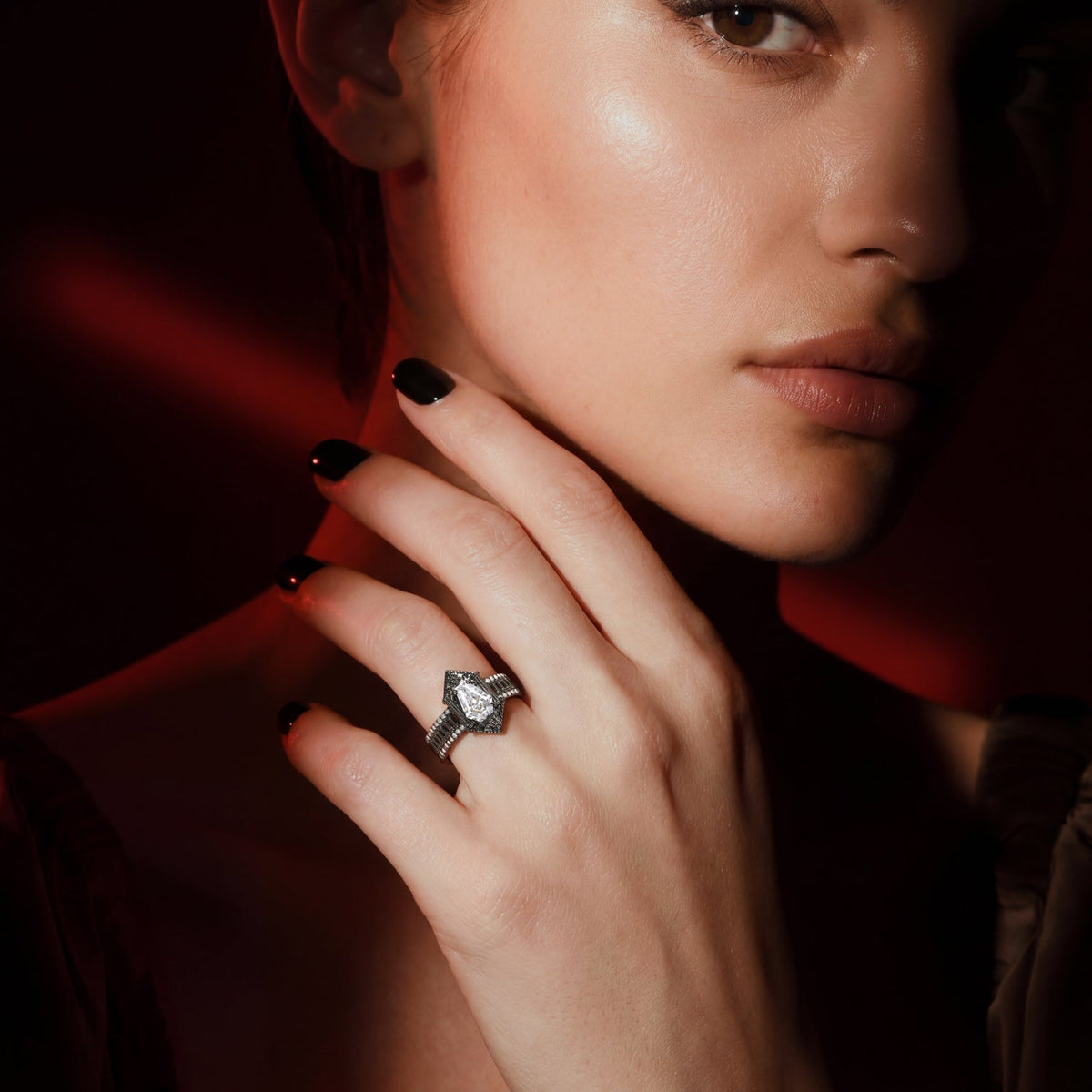 Retro Art Deco Coffin Cut Moissanite 'Fallen Aegis' Gothic Black Gold Engagement Ring