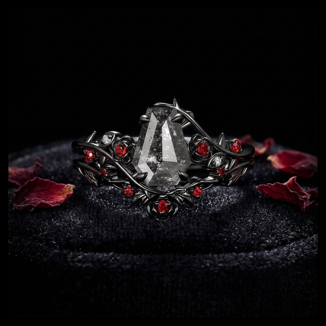 'The Fine Print' - Nature Inspired Coffin Salt & Pepper Diamond Thorns & Roses Bridal Set with Twisted Vine Band