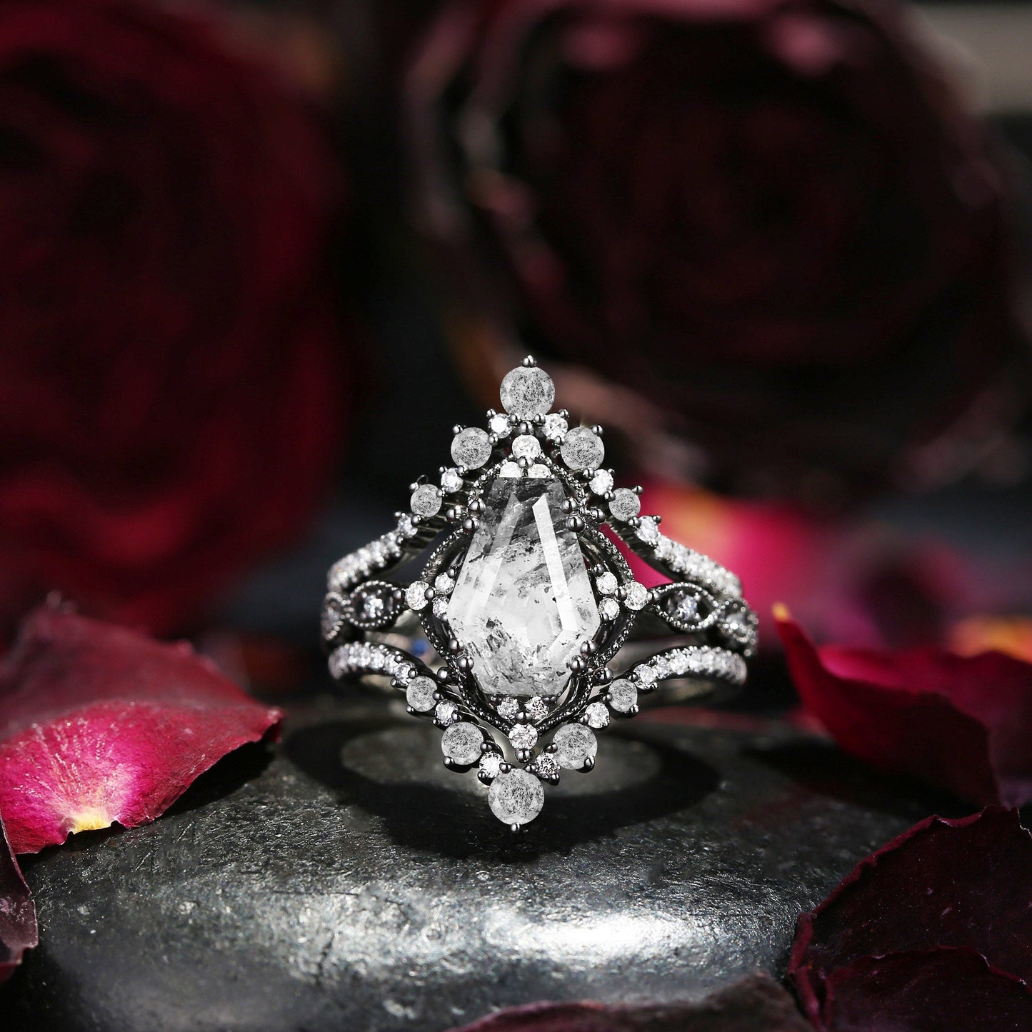 Vintage Inspired Coffin Cut Herkimer Diamond Engagement Ring Bridal Set 3pcs