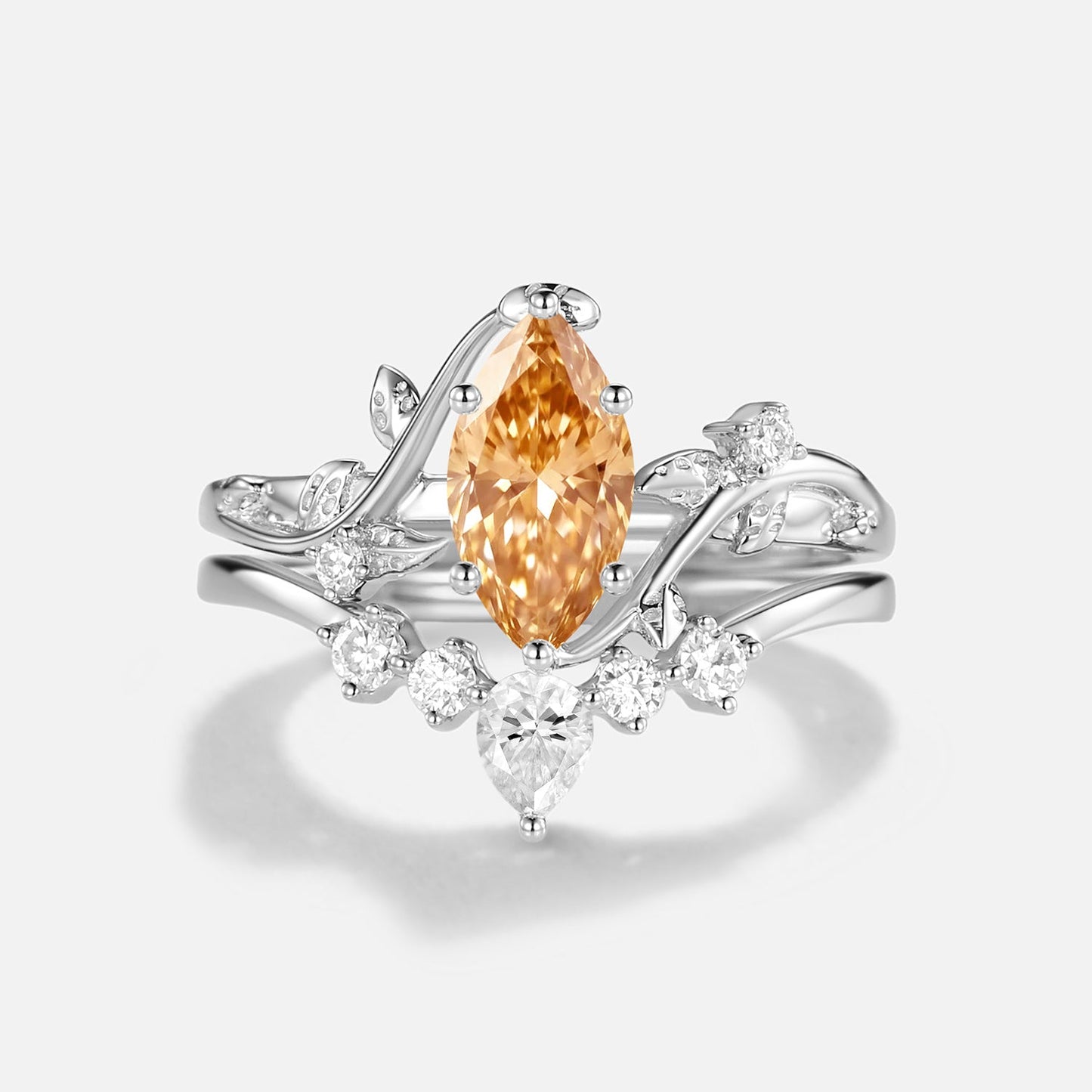 Luminous Reverie - Marquise Champagne Moissanite Leaf Unique Engagement Ring Sets 2pcs - Thalassa