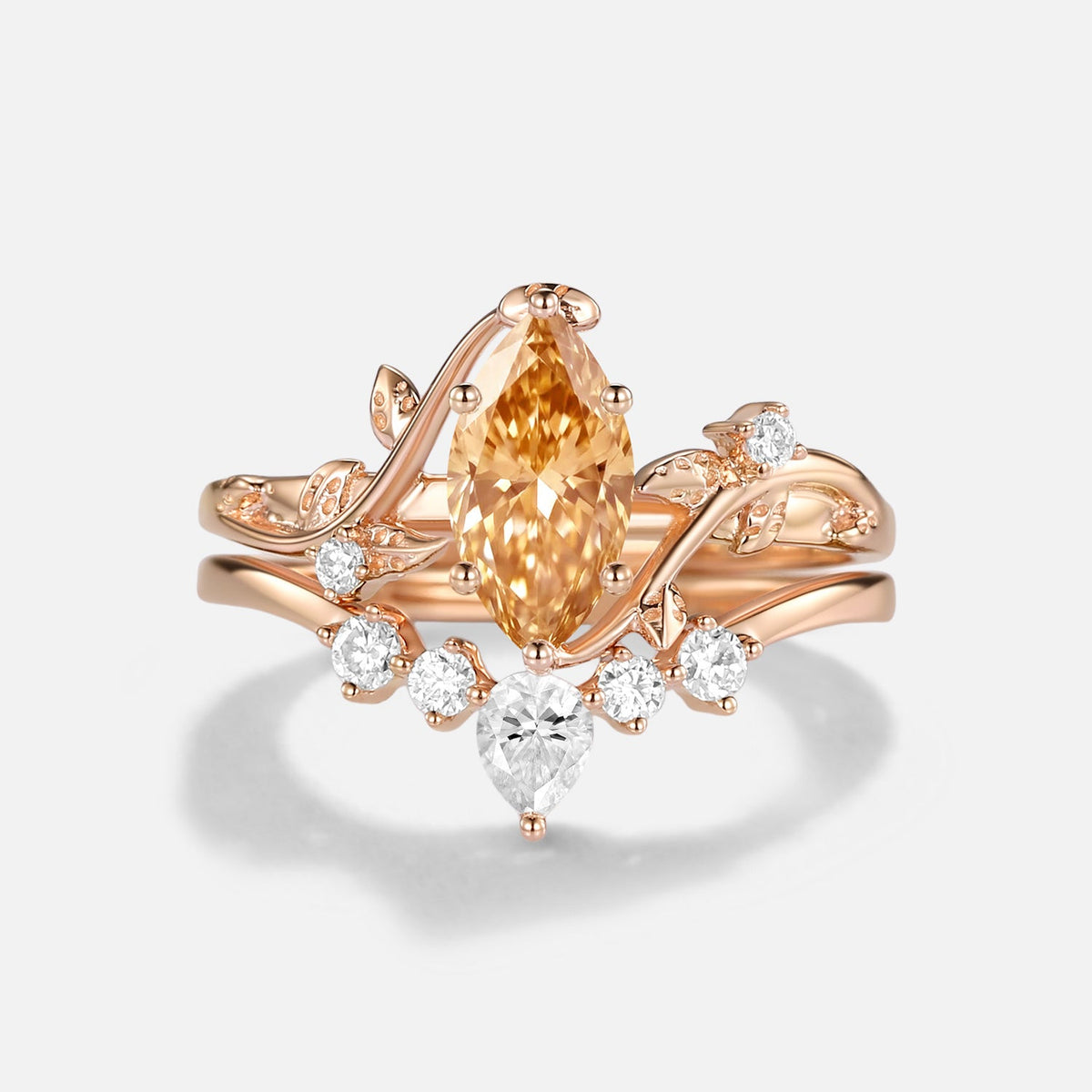 Luminous Reverie - Marquise Champagne Moissanite Leaf Unique Engagement Ring Sets 2pcs - Thalassa