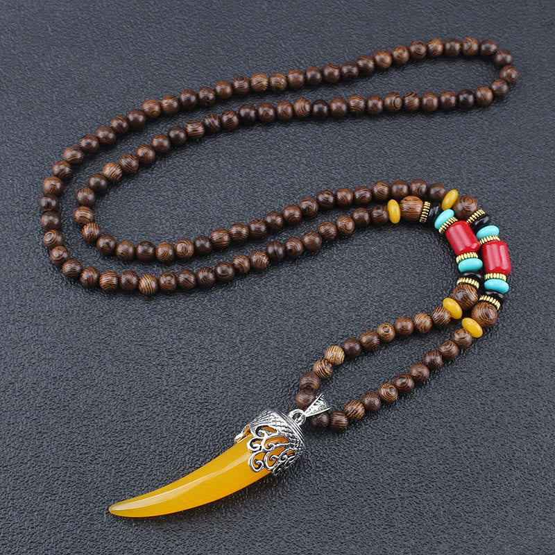 Fortune Jewel Wenge Wood Turquoise Stone Horn Style Protection Meditation Necklace Pendant
