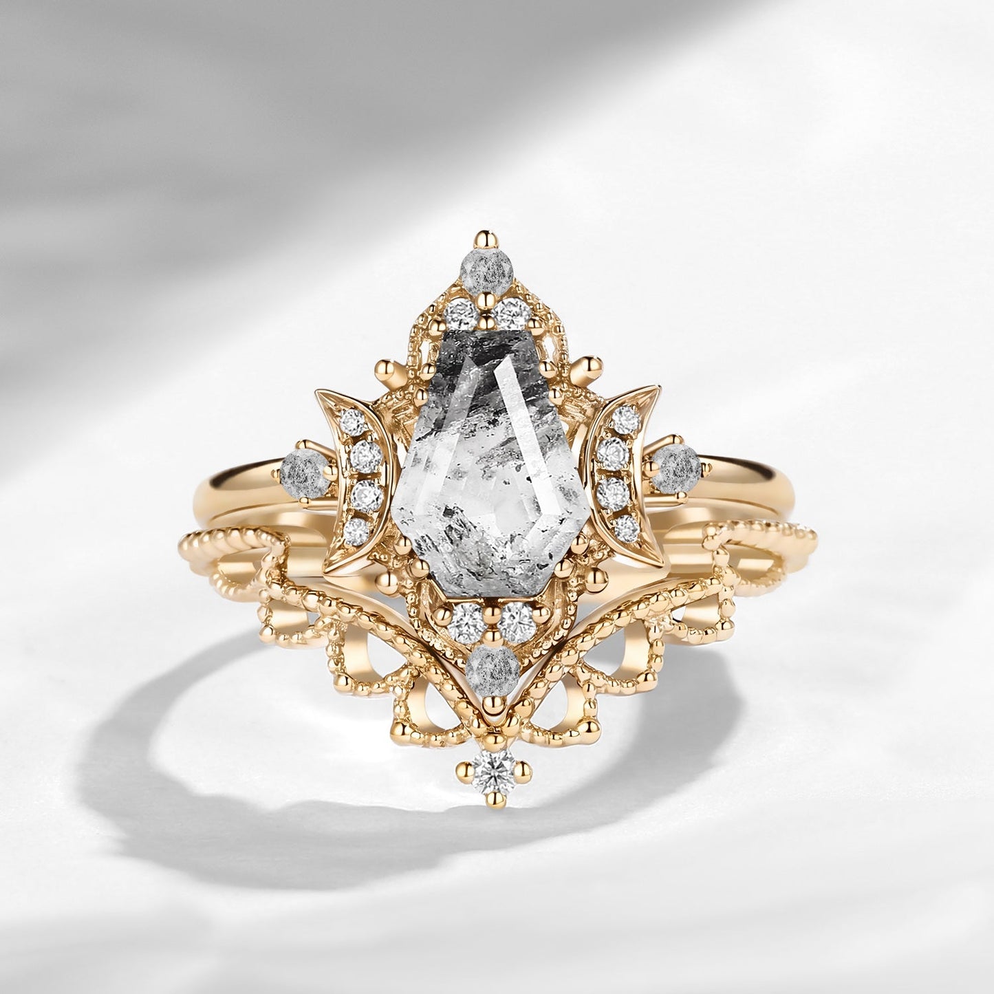 Crescent Moon | Coffin Cut Herkimer Diamond Thorny Engagement Ring Set 2pcs
