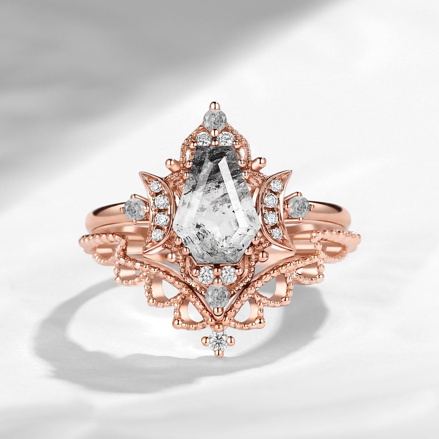 Crescent Moon | Coffin Cut Herkimer Diamond Thorny Engagement Ring Set 2pcs