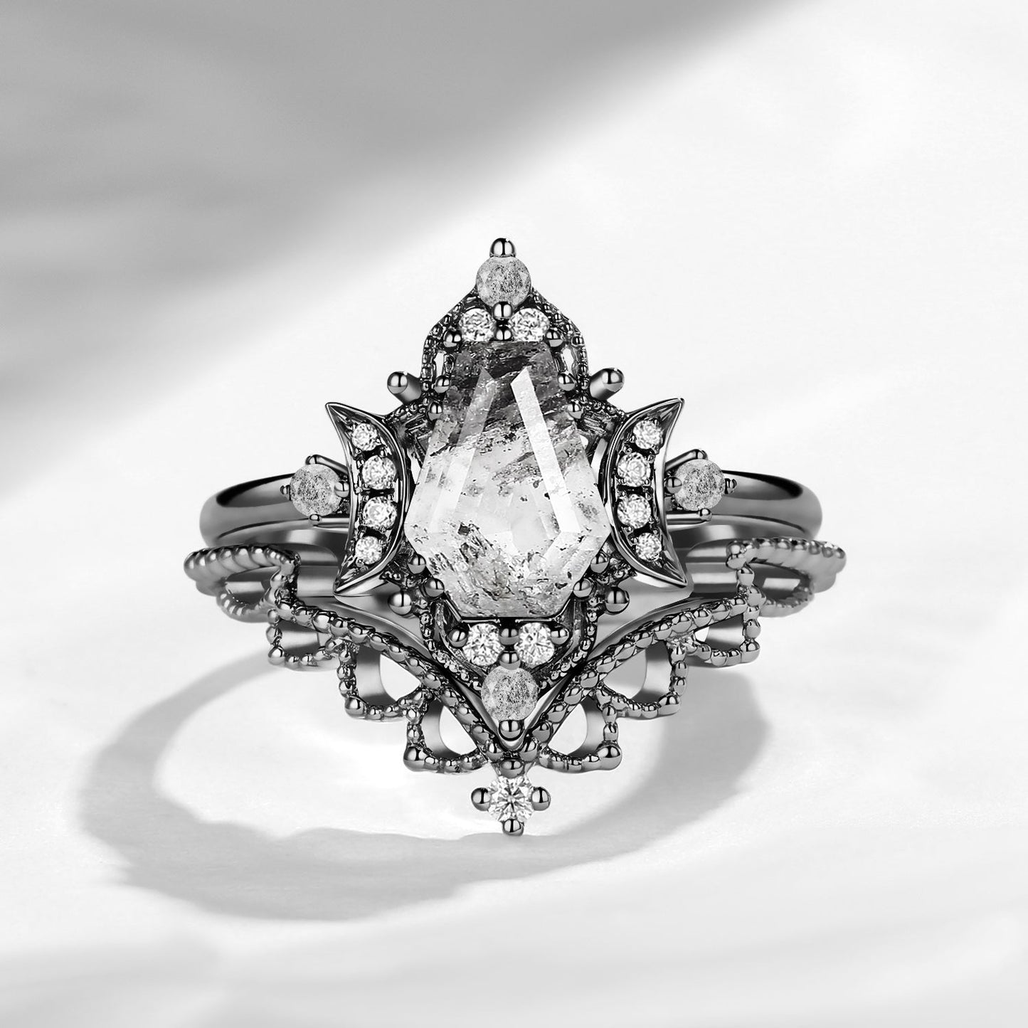 Crescent Moon | Coffin Cut Herkimer Diamond Thorny Engagement Ring Set 2pcs