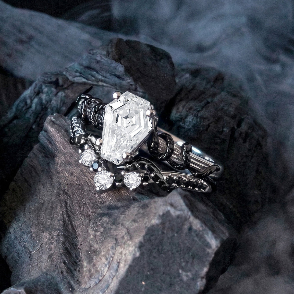 Serpent's Embrace - Gothic Coffin Lab Diamond Two-Tone Engagement Ring Set with Twisted Snake Detailing