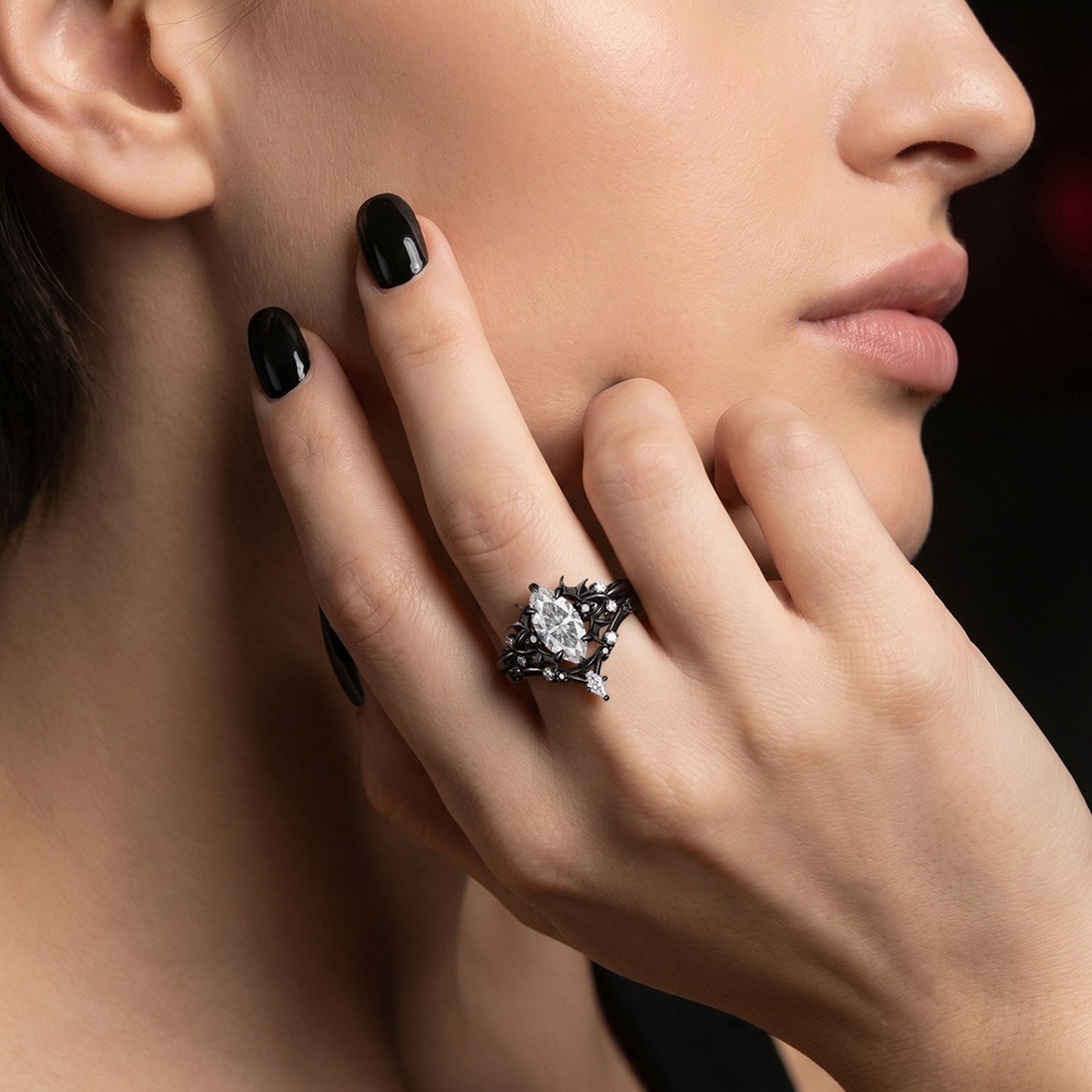 Bat Ring 'Night Court' - Gothic Marquise Moissanite Black Gold Engagement Ring Set with Bat Wing Inspired Band