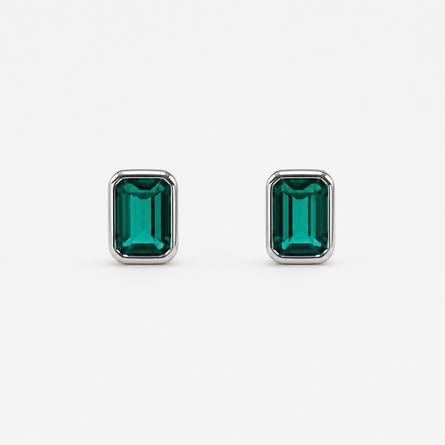 Emerald Cut Bezel Studs | Emerald | Sterling Silver