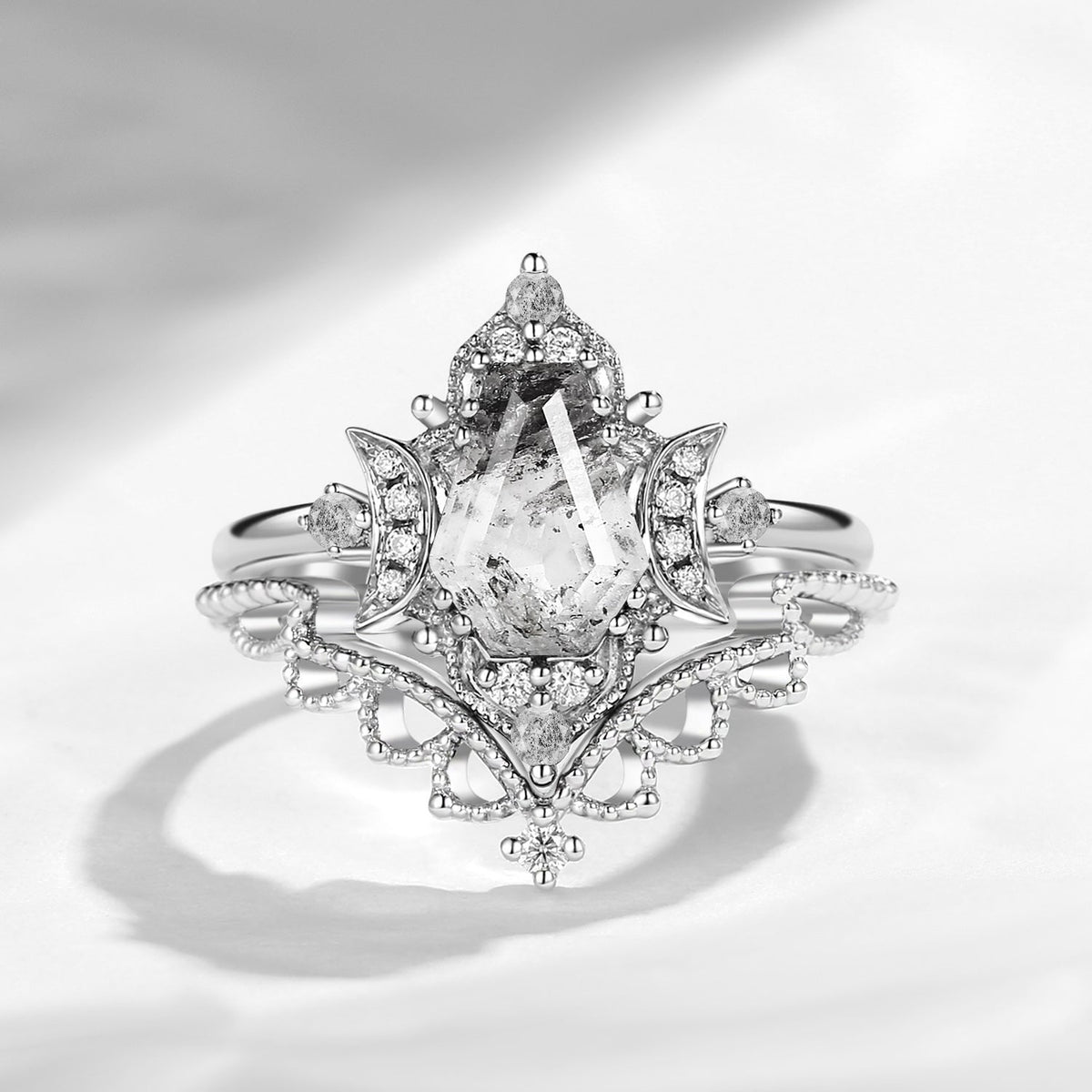 Crescent Moon | Coffin Cut Herkimer Diamond Thorny Engagement Ring Set 2pcs