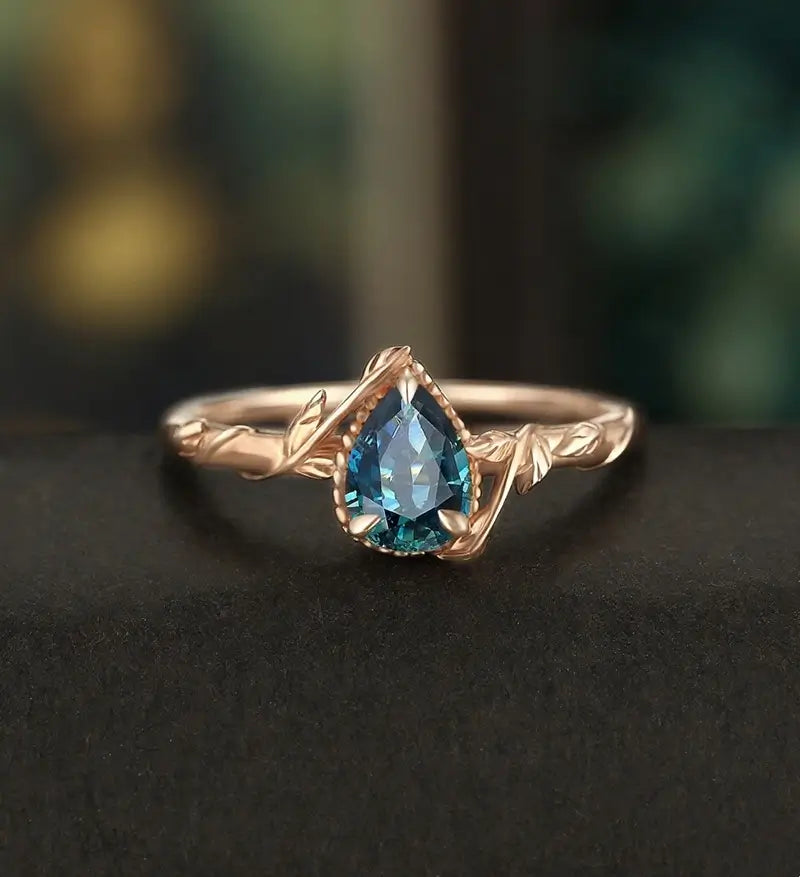 Pear Shaped Teal Sapphire Engagement Ring Solid Gold  Moissanite Promise Ring Anniversary triangle Diamond Wedding Ring Vintage Ring Unique Bridal promise Ring For Her
