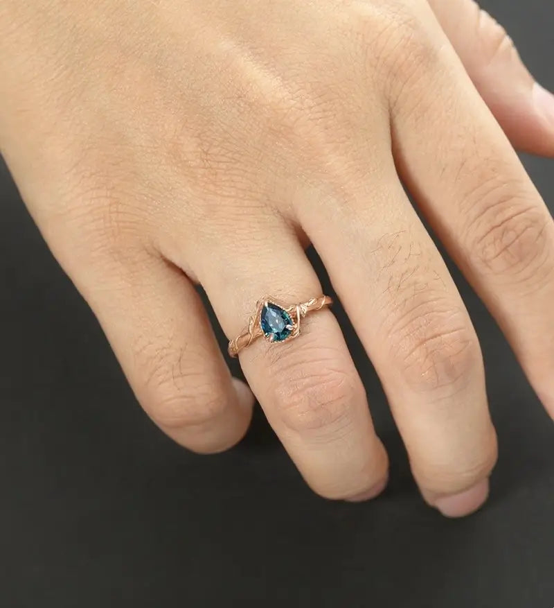 Pear Shaped Teal Sapphire Engagement Ring Solid Gold  Moissanite Promise Ring Anniversary triangle Diamond Wedding Ring Vintage Ring Unique Bridal promise Ring For Her