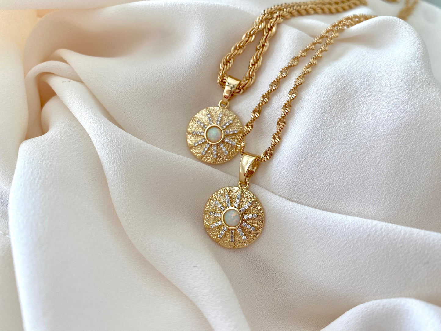 Opal Necklace Opal Coin Pendant Necklace October Birthstone Gold Filled Genuine Opal Charm Crystal Medallion Necklace Minimalist Jewelry