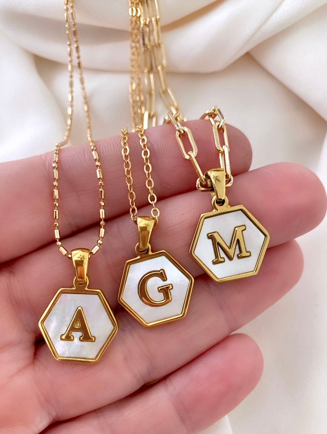 Gold Hexagon Mother of Pearl Letter Pendant Necklace - Gold Filled Chain