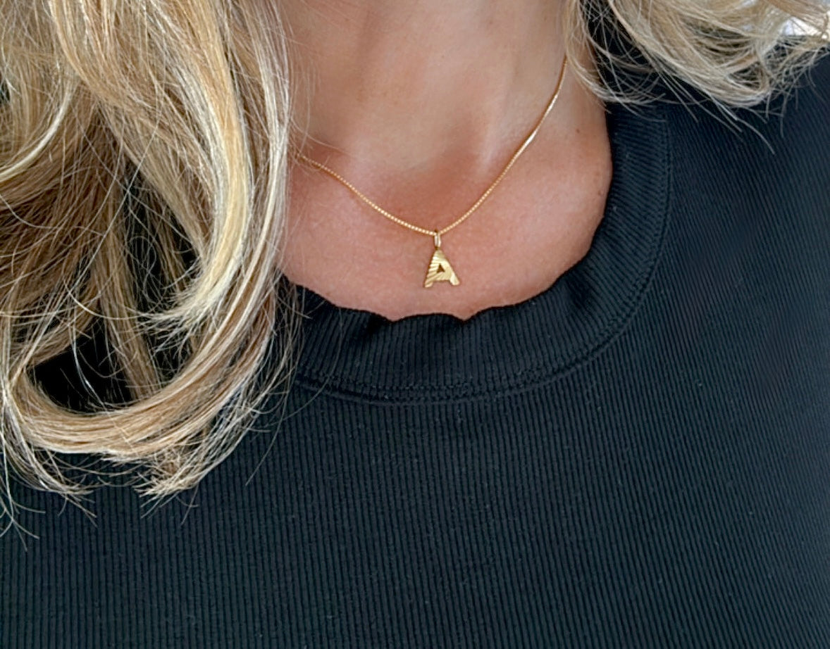 Gold Filled Shiny Reflective Etched Letter Charm Necklace - Initial Pendants - Custom Birthday Gift Jewelry